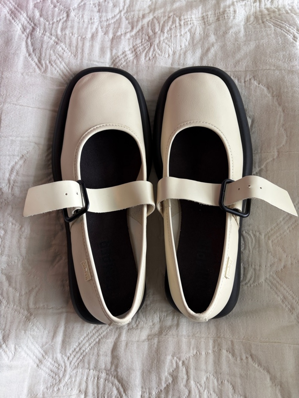 Camper Onda Cream Mary Jane Flats with Black Soles and Buckles